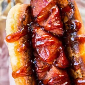 grilled hot dog topped with special sauce.