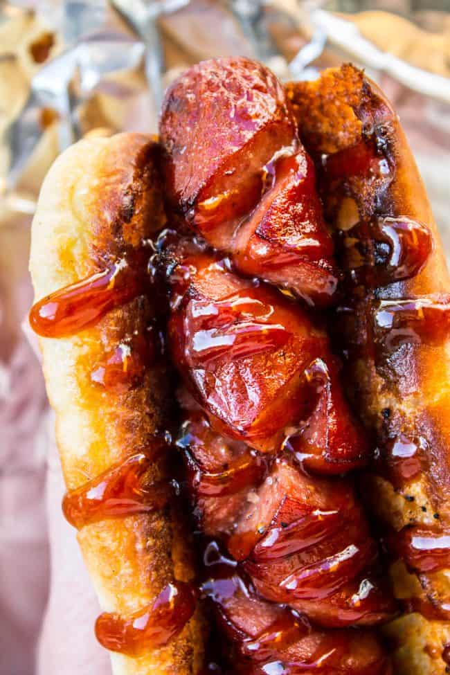 grilled hot dog topped with special sauce.