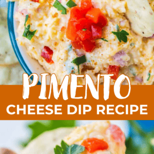 A bowl of pimento cheese dip topped with fresh herbs and chopped peppers, with text below that reads Pimento Cheese Dip Recipe.