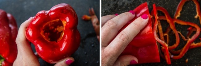 coring and thinly slicing red bell pepper.