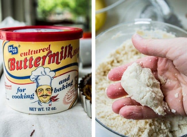 Left: a can of dried buttermilk. Right: a hand holding some raw pie dough over a glass bowl.