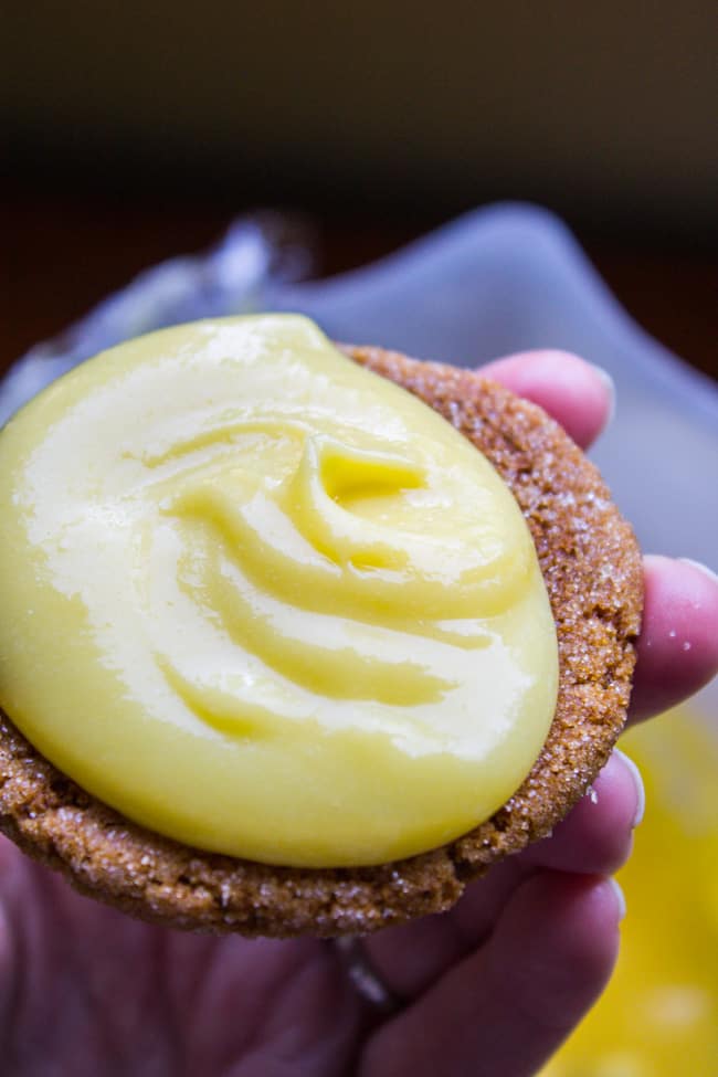 a gingersnap topped with homemade lemon curd.