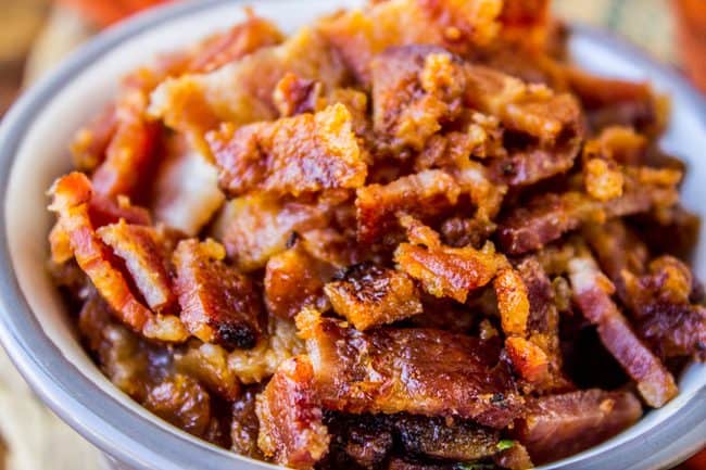 Chopped bacon in a small bowl.