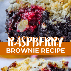 A close-up of a raspberry brownie topped with crumble, with the text Raspberry Brownie Recipe overlaid in the center.