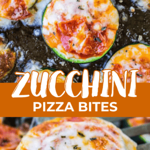 Zucchini pizza bites topped with tomato sauce, melted cheese, and pepperoni.