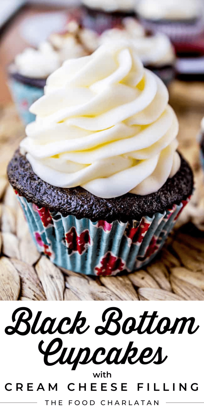 black bottom cupcake with a tall swirl of vanilla buttercream.
