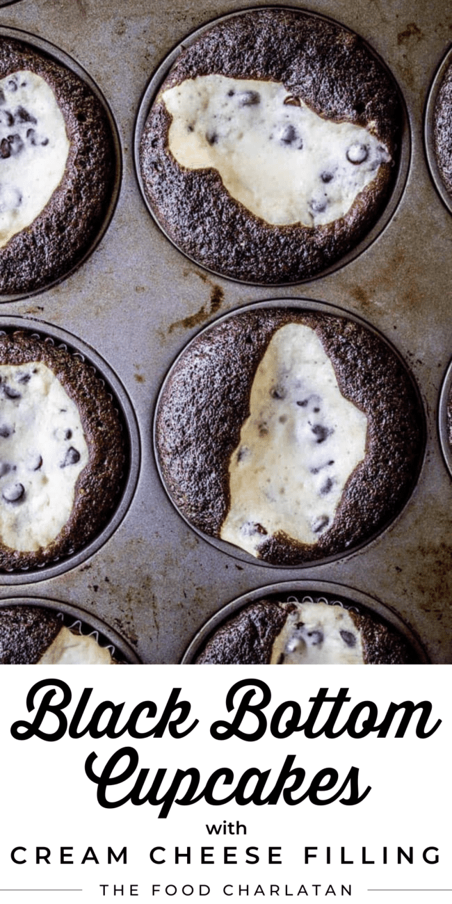 black bottom cupcakes in a muffin tin.