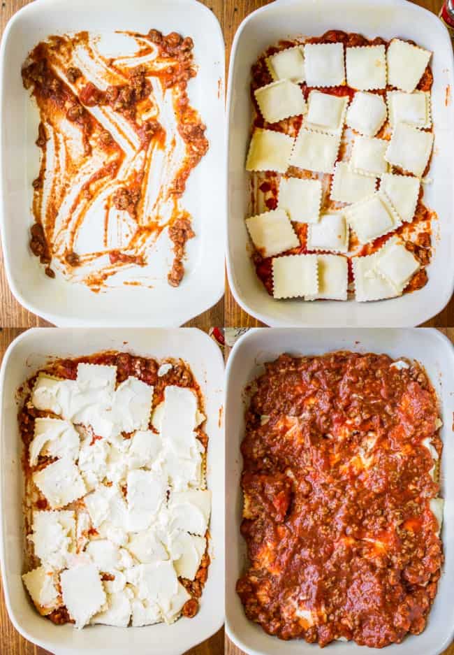 layering sauce, ravioli, and ricotta cheese in a baking pan.