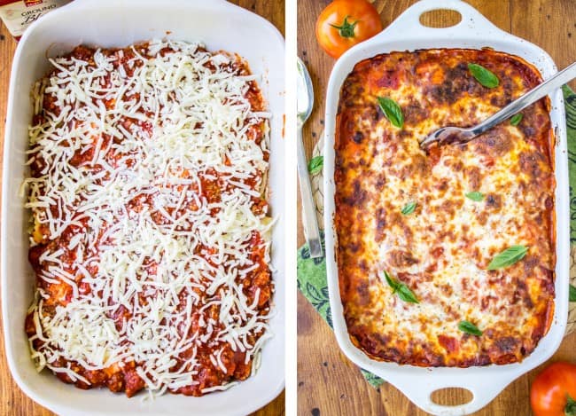 adding shredded mozzarella to an unbaked lasagna, a baked lasagna.