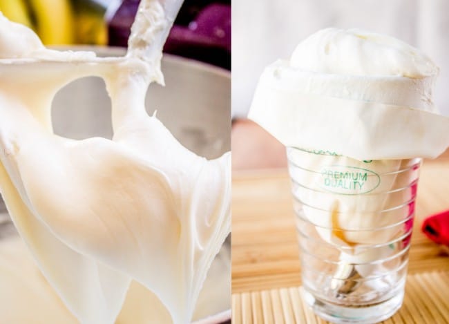 cream cheese icing on a stand mixer paddle attachment; putting cream cheese frosting into an icing bag.