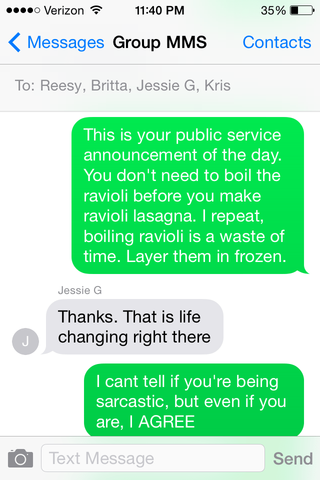 a text message thread about making ravioli lasagna.