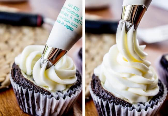 piping cream cheese frosting onto a black bottom cupcake.
