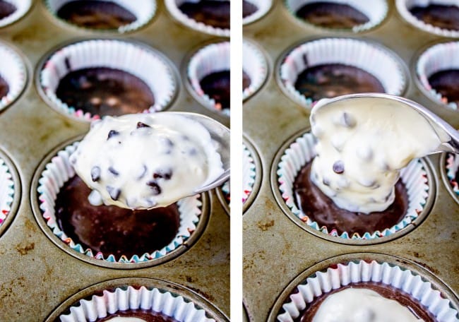 putting cream cheese filling into chocolate cupcake batter in a muffin tin. 