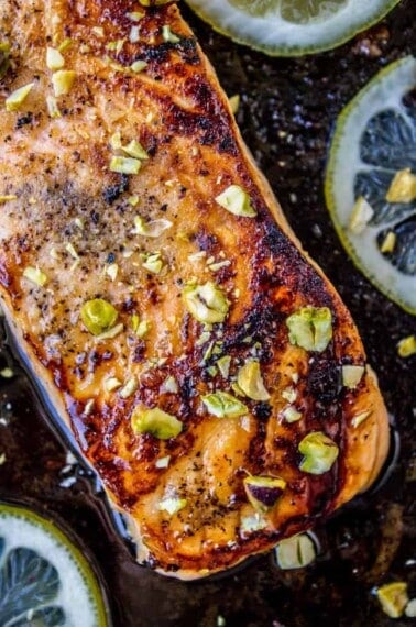 Pan-Seared Salmon with Maple Glaze and Pistachios from The Food Charlatan
