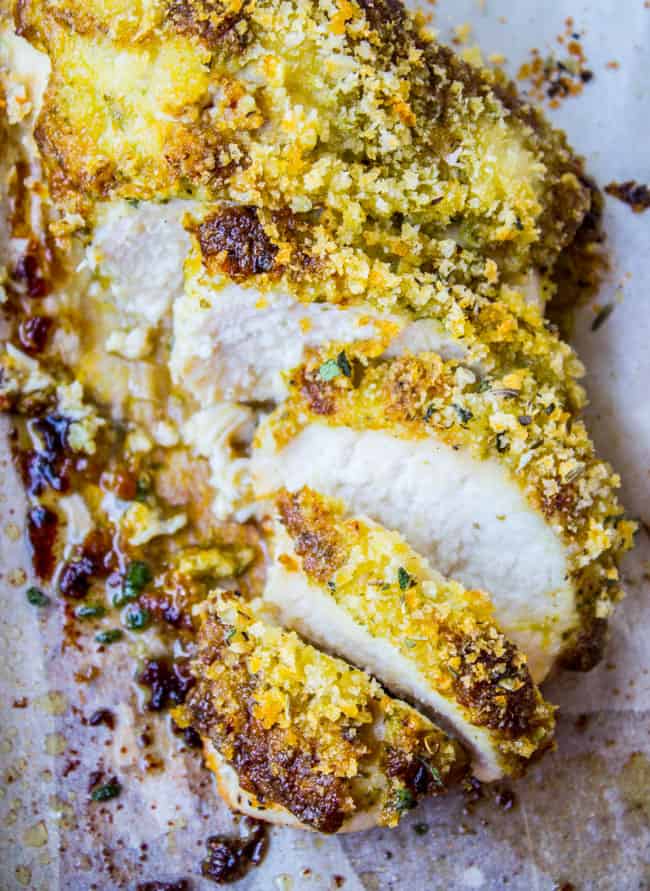 sliced breaded chicken on parchment paper.