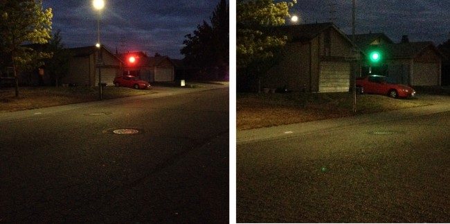 Split image showing a red car in front of a house at night. Left side: the garage light is red, right side: the same light is green. The street and houses are dimly lit under a dark sky.