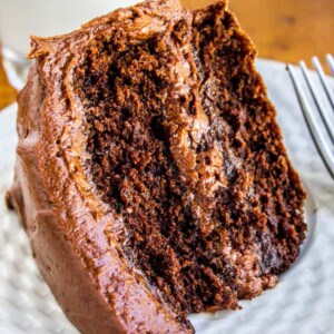 chocolate cake with chocolate frosting on a white plate.