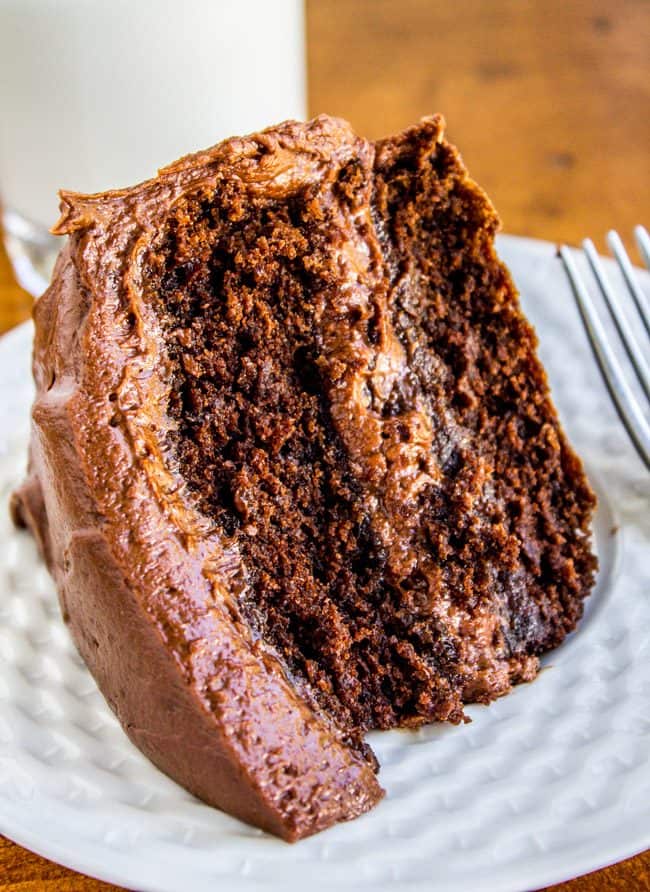 chocolate cake with chocolate frosting on a white plate.