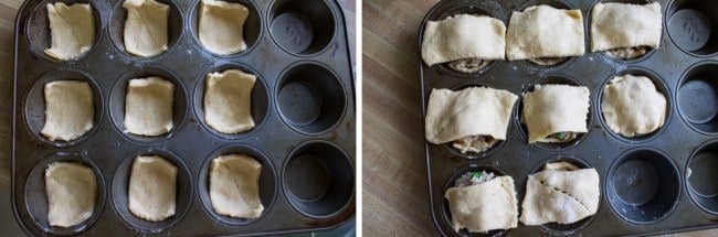 Placing crescent roll dough rectangles in muffin pan on top and bottom of individual chicken pot pies.