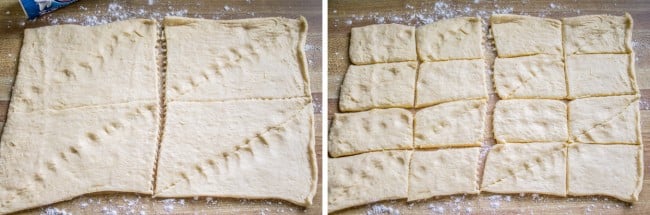 Rolling and cutting crescent roll dough for chicken pot pie with crescent rolls.