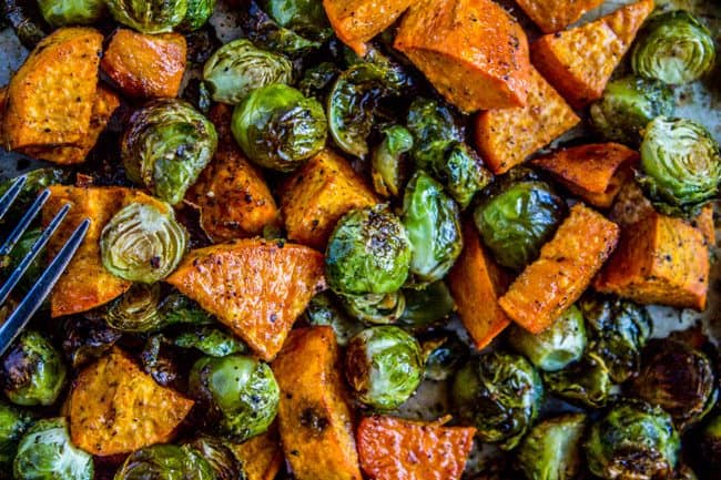 Roasted Sweet Potatoes and Brussels Sprouts in a pile