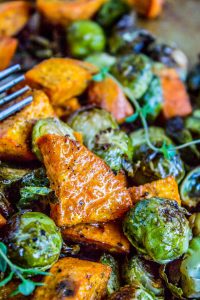 Roasted Sweet Potatoes and Brussels Sprouts from The Food Charlatan