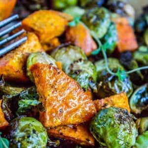 Roasted Sweet Potatoes and Brussels Sprouts from The Food Charlatan