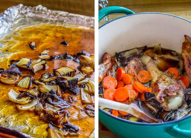 roasted vegetables on a baking sheet with liquid, turkey parts and vegetables in a pot.