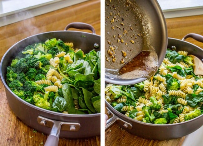 two images of broccoli, pasta, and spinach in a pan, being drizzled with sauce