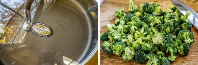 Empty skillet, chopped broccoli on a cutting board. 