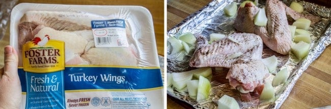 Turkey wings & veggies on roasting pan.