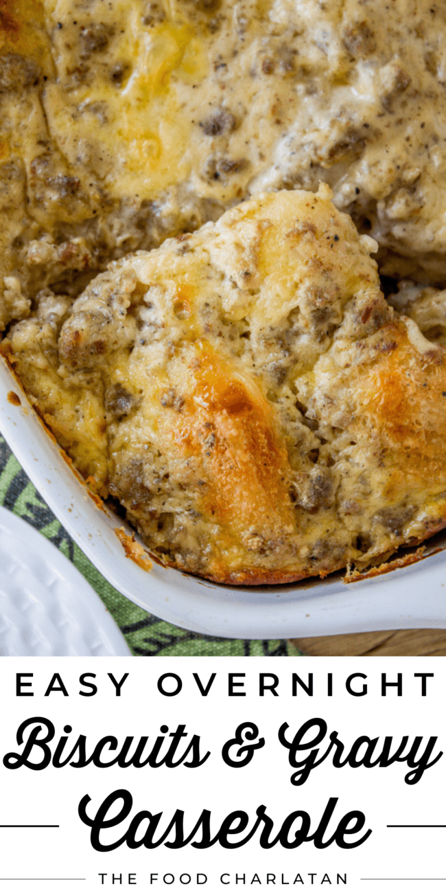 overnight biscuit and gravy casserole in a white dish.