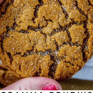 A hand with red painted nails holds a round, cracked gingersnap cookie coated in sugar. More cookies sit in the background. Text reads: Gramma Prudys Classic Gingersnaps - The Food Charlatan. Enjoy these classic spiced treats.