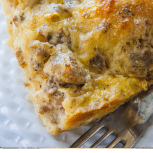 a slice of overnight biscuit and gravy casserole.