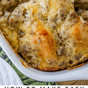 overnight biscuit and gravy casserole in a white baking dish.
