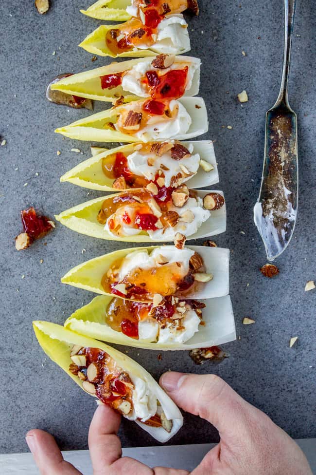 Smokey Almond Cream Cheese Endive Bites from The Food Charlatan