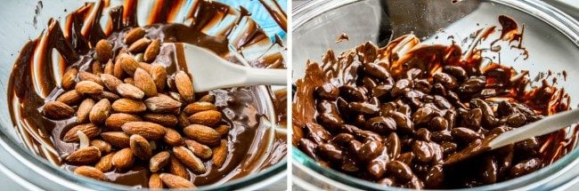 Two photos of a glass bowl with a spoon, almonds, and melted chocolate. 