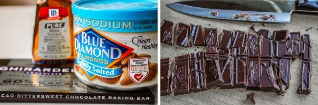 Two photos of ingredients: almonds and chocolate. 