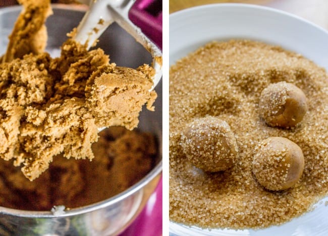 mixing gingersnap cookie dough in a mixer, and roling the dough in sugar to form the cookie balls.