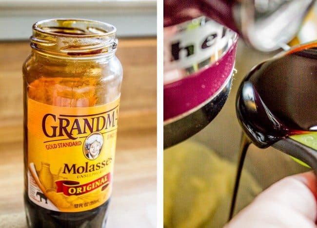 Grandma's molasses jar mostly empty with second picture with a measuring cup pouring molasses close up into a mixing bowl.