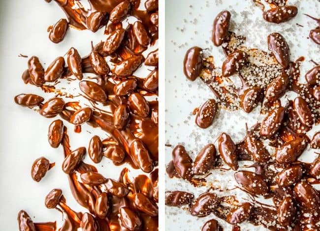 Two photos of chocolate coated almonds on white parchment paper. 
