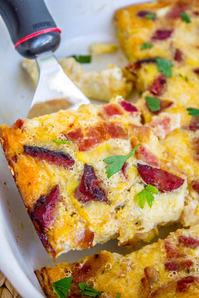 egg cheese casserole shown from above with fork under