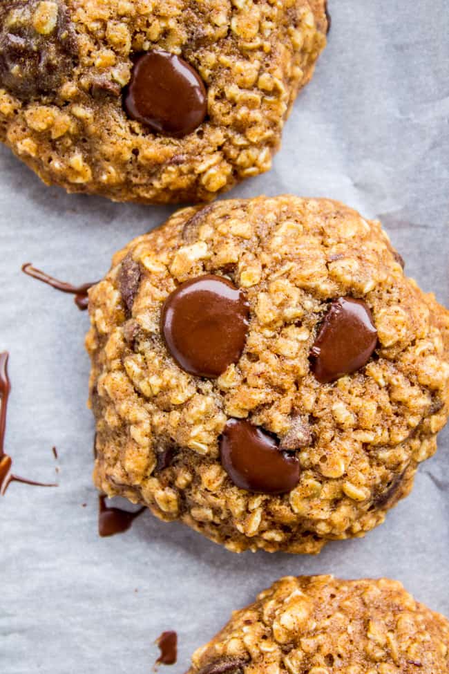 overhead shot of healthy cookies with oatmeal and chocolate chips.