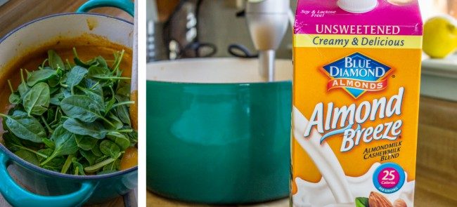 spinach wilting in hot soup; Almond Breeze almond milk next to a pot of vegan soup. 