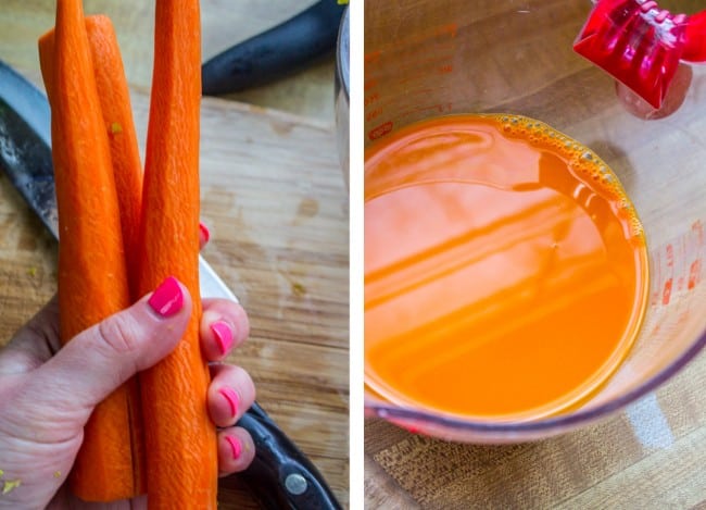 peeling carrots and pouring carrot juice. 