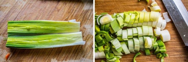 slicing and chopping leeks on a wooden cutting board.