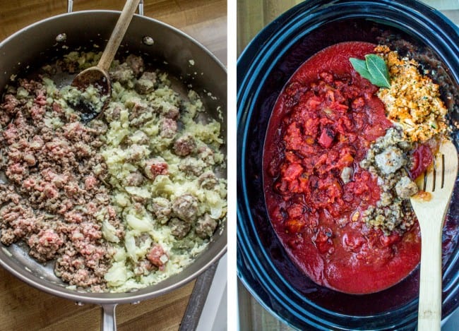 Italian sausage being cooked for spaghetti sauce; preparing spaghetti sauce with sausage in the crockpot. 