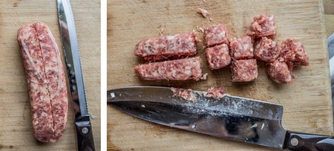 Cutting Italian sausage up on a wooden cutting board. 