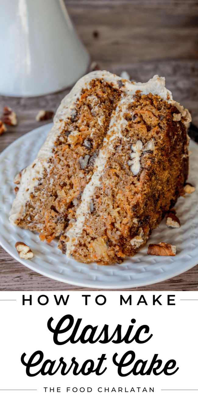 a slice of carrot cake with pecans and cream cheese frosting.