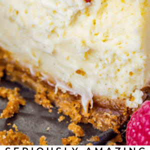 A close-up of a creamy creme brulee cheesecake slice with a caramelized sugar top, crumbly crust, and a fresh raspberry on the side. Text reads: Seriously Amazing Creme Brulee Cheesecake and The Food Charlatan.